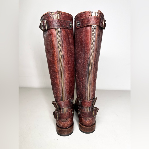 Frye Veronica Brown Antiquet Leather Back Zip Cignac Buckle Tall Boots Size 6 - Picture 4 of 7